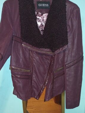 GUESS Burgundy Faux Leather Jacket with Burgundy Sherpa Collar